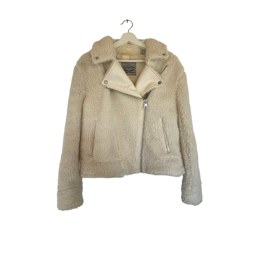 Levi Strauss & Co Womens Moto Leather Sherpa Jacket Ivory Zip Lined Pockets S